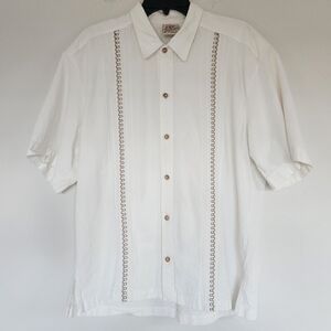La Rueca Vintage Cotton Cream Beige Short Sleeve Button Down Guayabera Shirt L